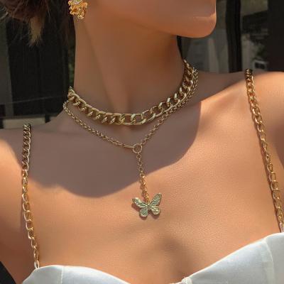 China New Fashion Double Layered Butterfly Necklace 18K Gold Plated Link Chain Butterfly Necklace Lead Free Nickel Free for sale