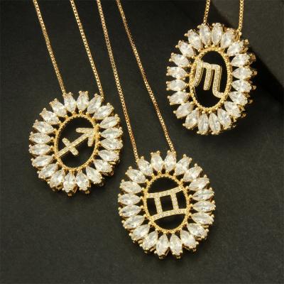 China 2020 Lead Free Nickel Free Luxury 18K Gold Plated 12 Zodiac Sign Necklace Round Cubic Zircon Astrology Necklace For Party for sale