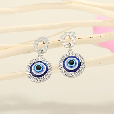 China Lead Free Silver Plated Nickel Free Crystal Blue Evils Eyes Dangle Round Disc Earrings Statement Around Circle Rhinestone Eye Drops For Earrings For Girls for sale