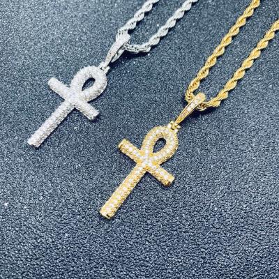 China Environmental Friendly Religious Egypt Jewelry Hip Hops Iced Out CZ Ankh Cubic Cross Bling Zircon Pendant Necklace for sale