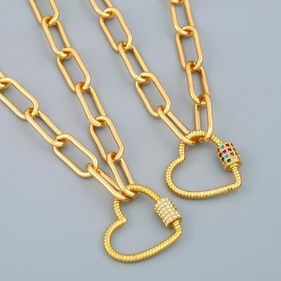 China Lead Free Nickel Free Gold Plated Link Chain Heart Carabiner Lock Heart Pendant Necklace Shape Paved CZ Pearl Clasps Necklace for sale