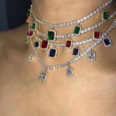 China Aliexpress Hotselling Fashion Women Hips Hop Bling Bling Environmental Friendly Gemstone Crystal Tennis Chain Necklace Pendant for sale