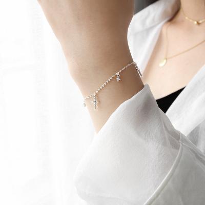 China Lead Free Nickel Free Real Gold Plated 925 Sterling Silver Cubic Zirconia Double Cross Tassel Pendant Bracelet With Extra Chain for sale