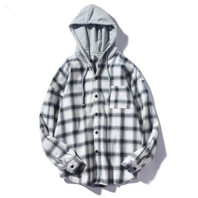 China Private Label 100% Cotton Breathable Plaid Casual Curved Hem Hooded Robe Flannel Shirt For Men With One Pocket for sale