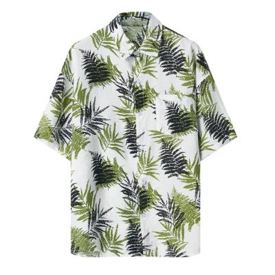 China Breathable Fashion Vacation Wear Hot Summer Style Men's Custom Leaf Printed Hawaiian Short Sleeve Beach Shirts for sale