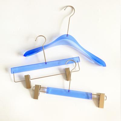 China Hot Selling Goods 2022 Modern Laundry Hanger Acrylic Plastic Transparent Blue Pants Skirts Coat Hanger for sale