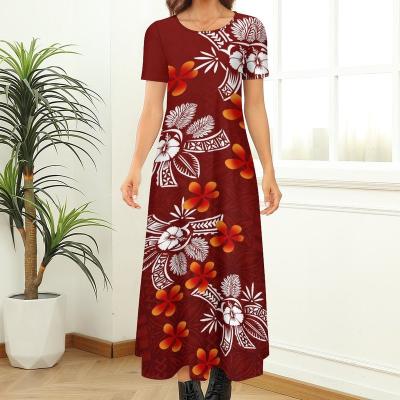 China Anti-Static Custom Design Full Print Dress Women Short Sleeve Puletasi Tribal Print Polynesian Red Maxi Dress for sale