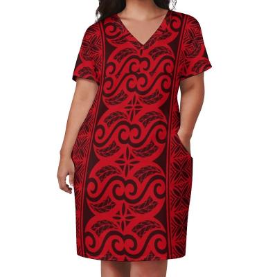 China Anti-Static Drop Shipping Cheap Women Loose Dresses Polynesian Tribal Design Dress Samoan Puletasi Island Red Dress for sale