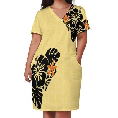 China Yellow Hibiscus Dress Plus Size Clothing Women Casual Dress Full Anti-Static Polynesian Tribal Printing Custom Dress for sale