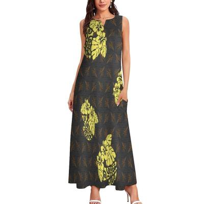 China Factory Design Anti-Static Custom Womens Clothing Polynesian Tribal Gold Tribal Flowers Print Sleeveless Dress Ladies Island Elegant Casual Dress for sale