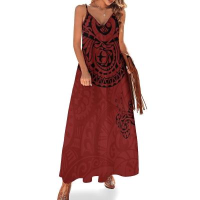 China Anti-Static Samoan Puletasi Plus Size Womens Casual Dress Polynesian Design Island Custom Dress Tribal Maroon Maxis Sling Dresses for sale