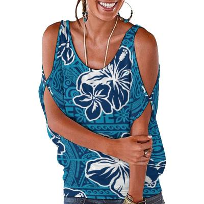 China high quality Anti-wrinkle design plumeria print women Polynesian Samoan tops off the shoulder blouse short sleeve T-shirt for sale