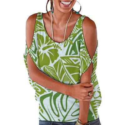 China Anti-Wrinkle Polynesian Hawaii Flowers Print Women Loose T-Shirts Sexy Green Chill Custom Tops Off Shoulder Blouse 1 MOQ for sale