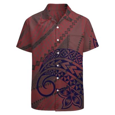 China Latest Anti Pilling Print Design Mens Short Sleeve Shirts Custom Hawaiian Beach Formal Maroon Polynesian Samoan Shirt for sale