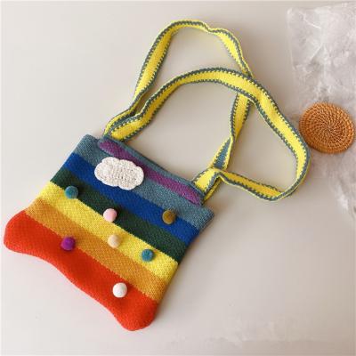 China Cute Knitting Wool Kids Colorful Stripes Knitted Wool Messenger School Crossbody Bags for sale