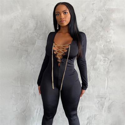 China Y-2395 Breathable Strap Breathable Chain Overalls Women European and American Casual Street Hollow Sexy Tight Fit Fashion for sale