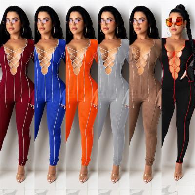 China Spring Rompers Bodycon Women Ladies Breathable Rocket Deep Ne Sleeve V Lace Up Chain Sexy Romper For Women Jumpsuits And Rompers for sale