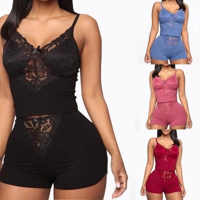 China Women Solid Color Breathable Breathable Pajamas Set Sexy V-Neck Vest Two Piece Set Elastic Waist Sleeveless Shorts Women Homewear for sale