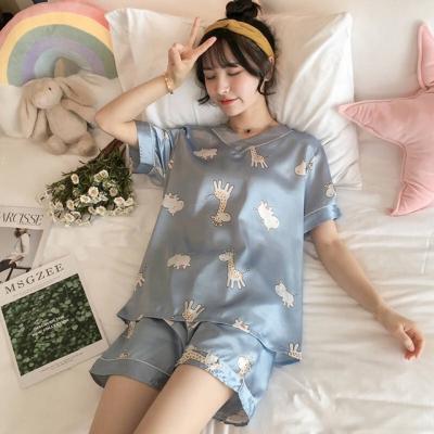 China Wholesale QUICK DRY QUICK DRY two piece soft shorts sheath style sleepwear satin silk cartoon printed nightgowns pajamas set for women for sale