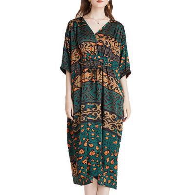 China 2022 Viable Hot Selling Dresses Green Satin Printing Plus-size XL 2XL 3XL 4XL Striped Inscription Lace-Up Dress For Women for sale