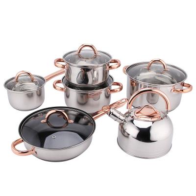 China 12pcs Viable Rose Gold Plated Handle Stainless Steel Belly Form Nonstick Cookware Sets for sale