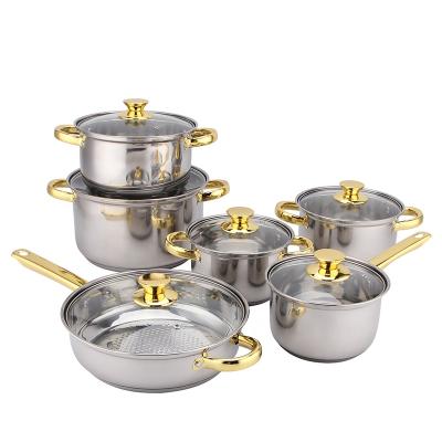 China 12pcs Sustainable Gold Plated Non-Stick Cooking Capped Bottom Handle Stainless Steel Pot Cookware Sets for sale