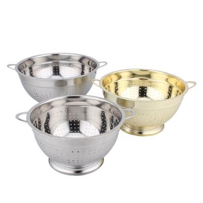 China Sustainable Vegetable Stainless Steel Pasta Noodle Strainer Kitchen Fruit Colander With Large Stable Base for sale