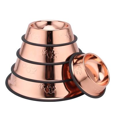 China Cute Non-Slip Sustainable Stainless Steel Pet Food Copper Water Rolls Luxury Rose Gold Metal Dog Feeder Bowl for sale