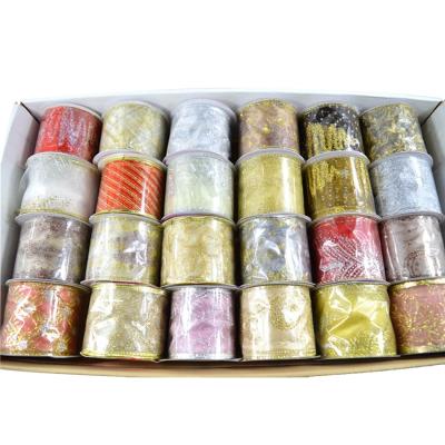 China Cheap Organza Christmas Decoration Ribbon Metallic Red Gold Wired Organza Merry Christmas Ribbon for sale