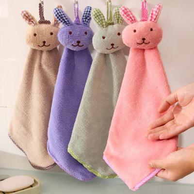 China QUICK DRY Cute Cartoon Rabbit Head Rabbit Washcloth Bathroom Kids Hanging Fleece Kitchen Coral Hand Towel for sale