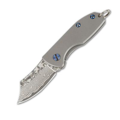 China Open Slide Damascus Blade Mini Folding Knife Pocket Size Alloy Steel Titanium Handle With Key Chain for sale