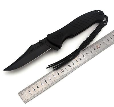 China Mini Size Pocket Knife Black Coating Slide Open Blade With Knitted Band Decor Handle Outdoor Camping Knives for sale