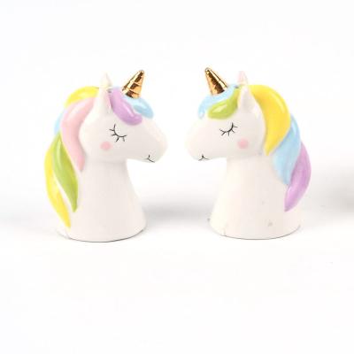 China Factory Price Sustainable Hand Painted Cute Unicorn Shaped Ceramic Salt and Pepper Shaker for sale