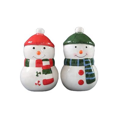 China Eco-Friendly Wholesale Custom Christmas Decor Snowman Shaped Cookie Tin Ceramic Cookie Jar for sale