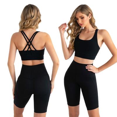 China Breathable Women Workout Quick Dry Fitness Two Piece Gym Set Yoga Shorts Sports Tube Bra Top And Jogging Set Top Suit for sale