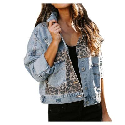 China Wholesale Women's Breathable Clothing Spring Autumn Plus Size Jeans Coat Leopard Patchwork Pocket Ripped Denim Jacket for sale