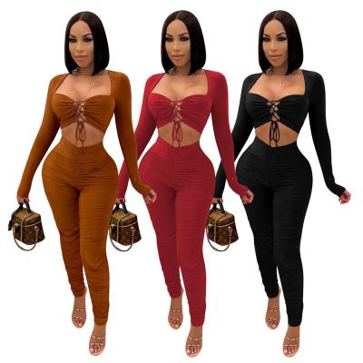 China 2022 Wholesale Women's Breathable Clothing Spring Plus Size Link Sexy Crop Top And Stacked Pants Crop Top Two Piece Set for sale