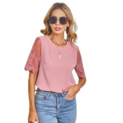 China New Arrival Women's Clothing 2022 Summer Women's Anti-Shrink Chiffon Casual Mesh Lace Tops Ladies T-shirts Short Sleeve Fashionable for sale