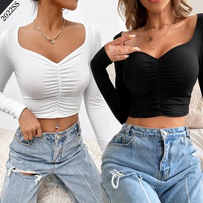 China 2022 Spring Summer V-neck Anti-pilling Women's Clothing Pleated Crop Top Slim Fit Sexy Tank Top Long Sleeve Shirt for sale