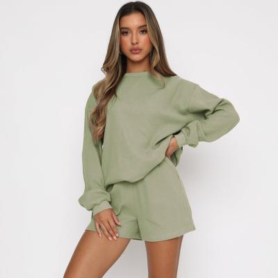 China 2022 QUICK DRY Spring Women's Fashion Waffle Homewear Oversized Long Sleeve Tops And Shorts Sweat Suit Sleepwear Two Piece Set for sale