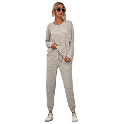 China Plus Size Thermal Women's Home Wear Rib Solid Color Pullover Top And Pants Two Piece Pajama Sets Lady Sleepwear for sale