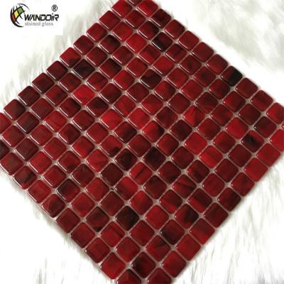 China Leisure Facilities 25*25mm Square Red Mixed Beveled Decorative Fusing Glass Mosaic Tiles for sale