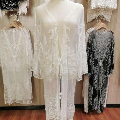 China Anti-static sexy lace beach flower crochet embroidery beach cardigan skirt transparent soft women's swimsuit kimono long for sale