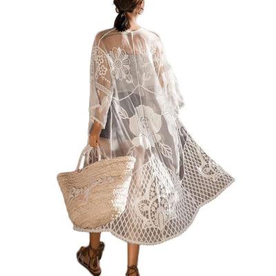 China Anti-static transparent women's kimono women's embroidery new lace swimwear beach cover up swimwear crochet loose cardigan beach skirt for sale