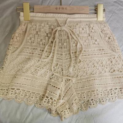 China Anti-wrinkle Sexy Women's Waist Strap Crochet Lace Cotton Edge Elastic Shorts Knitted Pocket Safety Embroidered Pants for sale