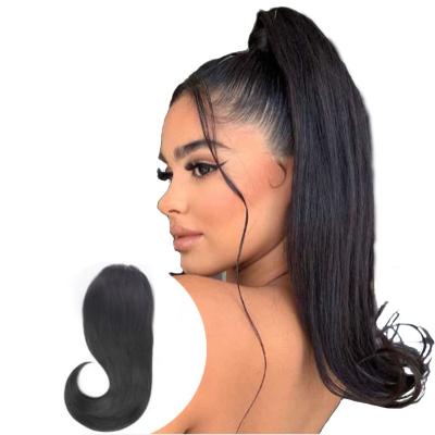 China Straight Sturdy Clip In Ponytail Extension Wrap Around Straight Hair 16 Inch Virgin Human Raw Wig Natural Black Color for sale