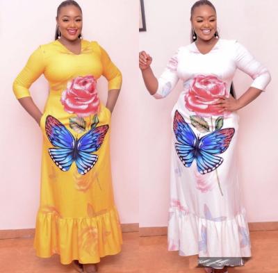 China African&Turkey Women Anti-Static Butterfly Printed Plus Size V Neck Long Casual Evening Dress for sale