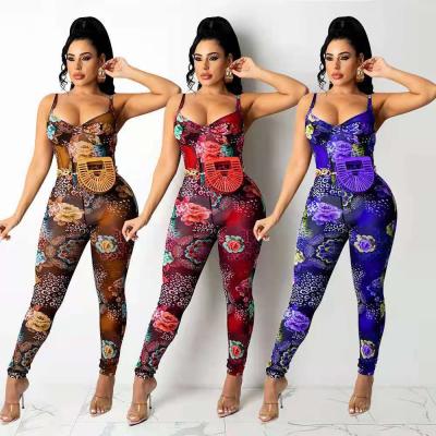 China 2022 New Summer QUICK DRY Women's Fashion Printed V-neck Halter Belt Halter Jumpsuit Tight Back Nightclub Wear for sale