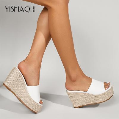 China Fashionable All-match Straw Women Wedges Slippers China Factory PU Fashion Trend Ladies High Heel Leather Wedge Slippers Wholesale for sale