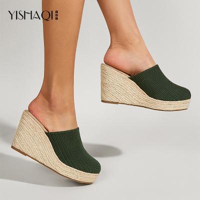 China Fashion Trend Spring Summer New Dark Green Knit Women Slippers Straw Wedge Heel Heightening Platform Wedges Slippers Ladies for sale